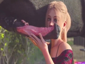 With big horse cock in tow, she gets off HARD